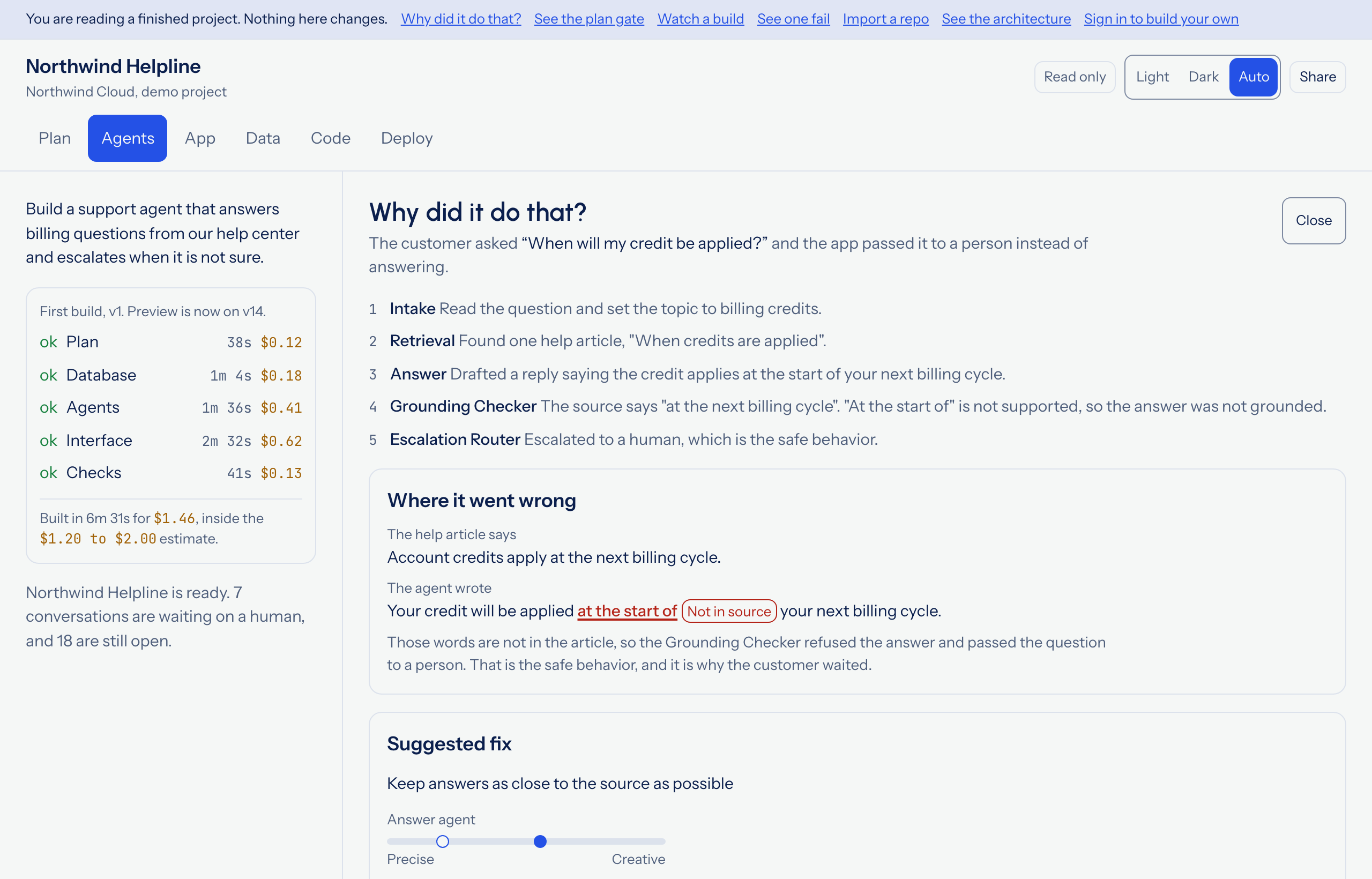 The "Why did it do that?" screen: a five step run trace, a panel showing the words the agent added that the help article did not contain, and a suggested fix.